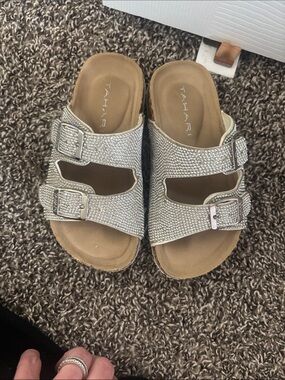 Tahari Silver Crystal Double-Buckle Slide Sandals